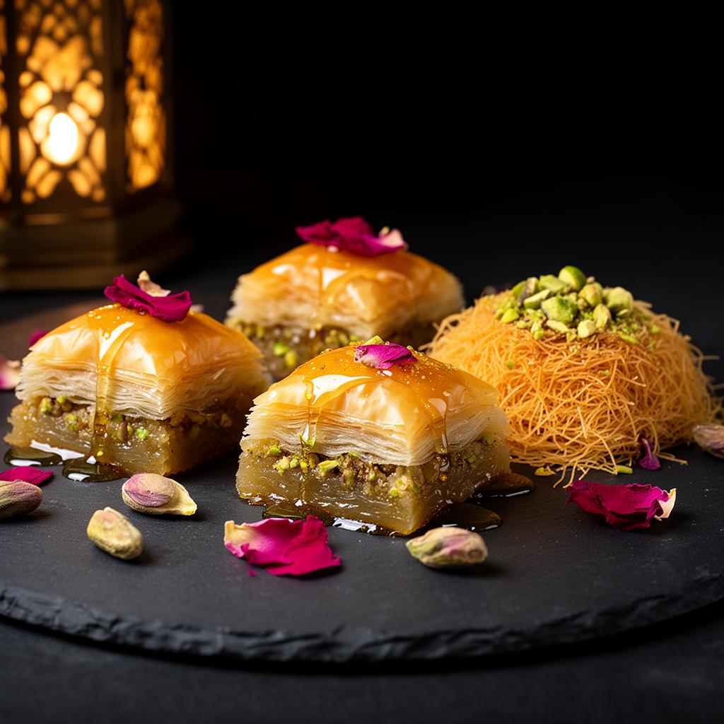 Baklava and kunafa on slate