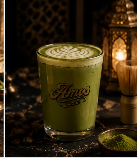 Layered matcha latte with gold rim