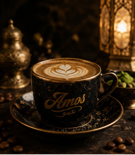 Coffee served in Amo’s warm black and gold setting