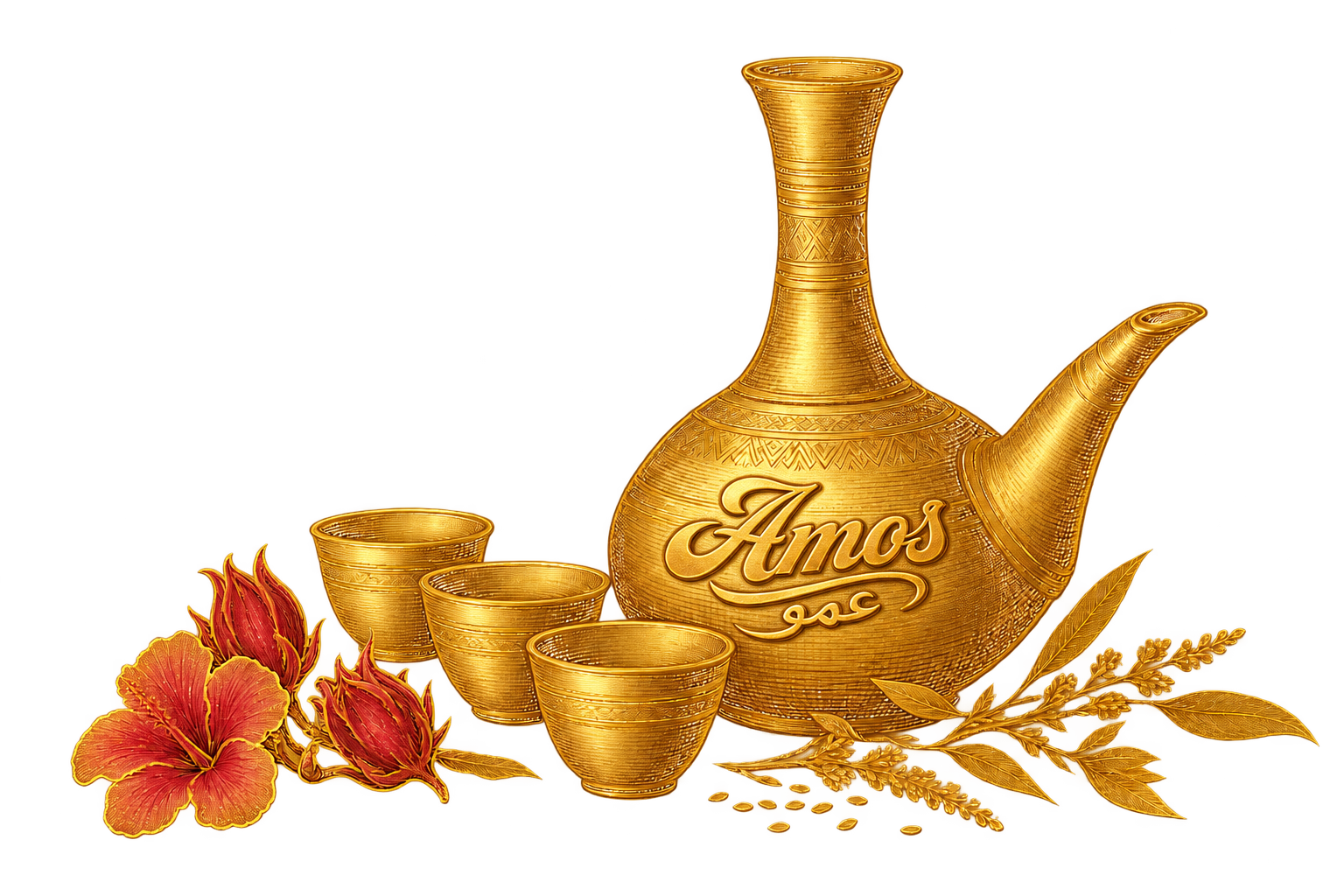 Gold Sudanese jabana engraved with Amo’s logo, with coffee cups and hibiscus